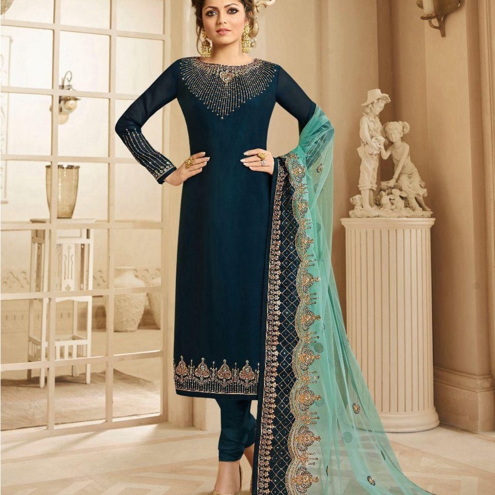 Teal and Gold Embroidered kameez with chudidaar gorgeous dupatta